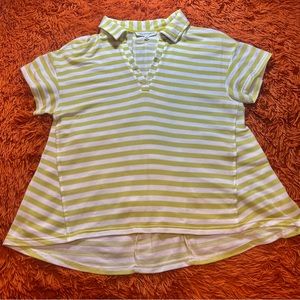Jane and Delancey Green White Striped V Neck Top sz S Short Sleeve Collared